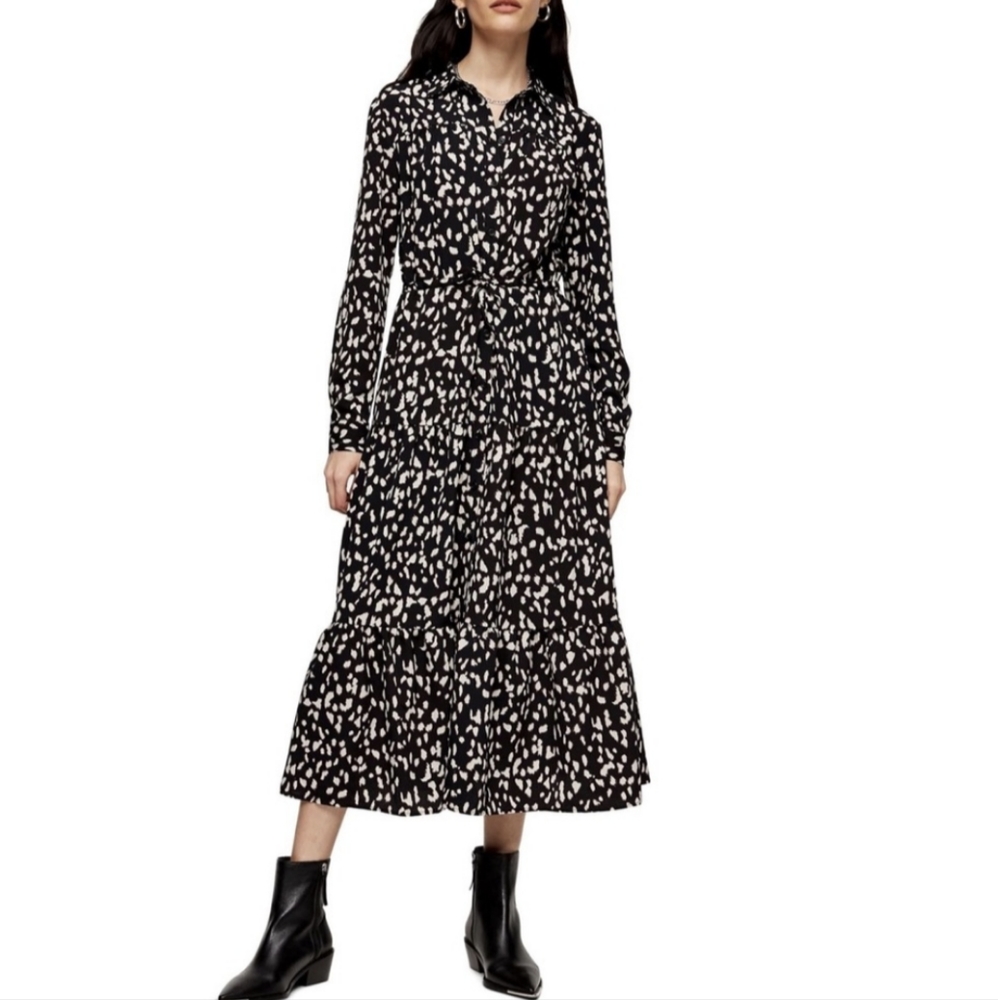 NWT Size 8 Topshop Spot Tiered Long Sleeve Midi Shirtdress Black Cream